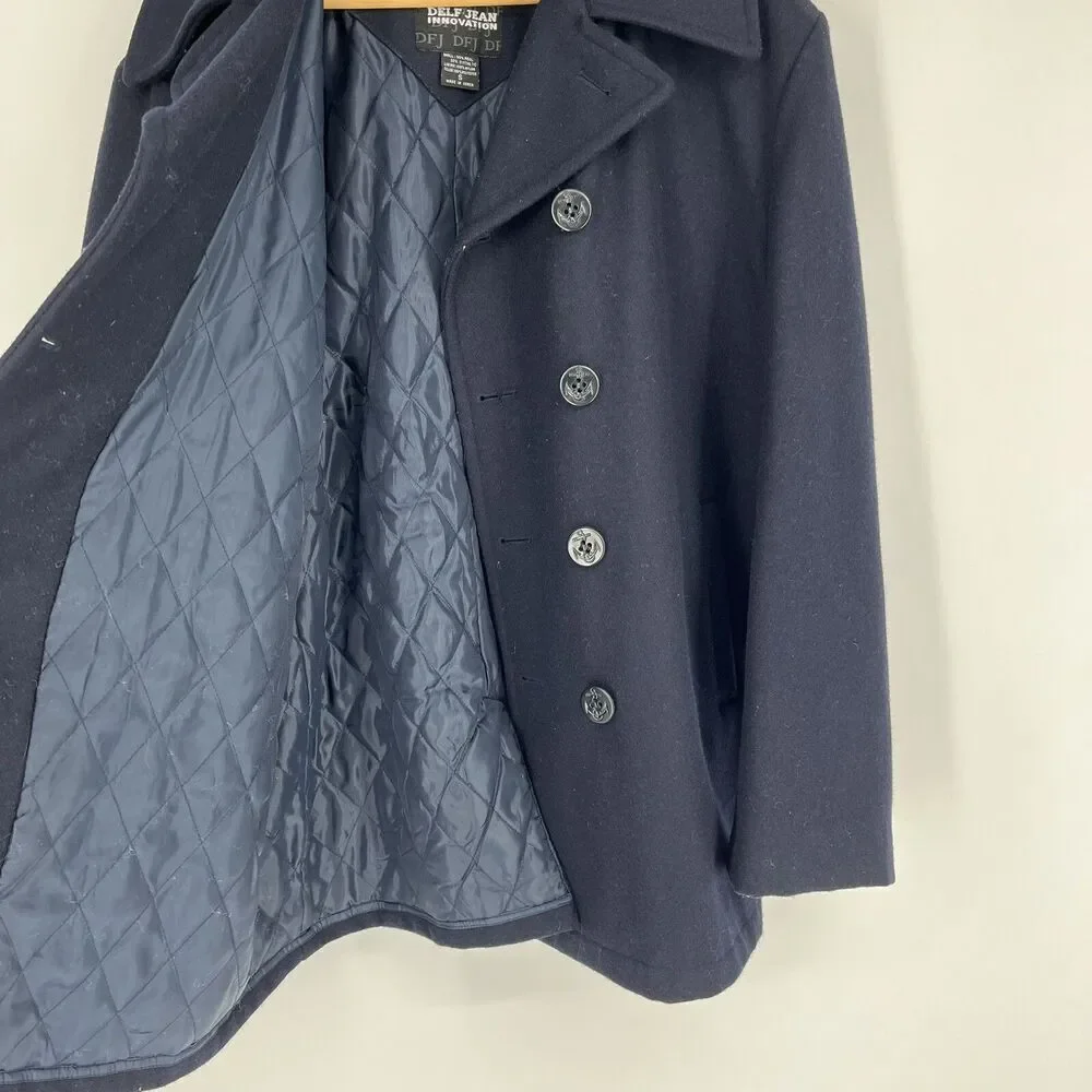 Delf Coat Size Small Men Navy Double Breasted Button Front Wool Peacoat Military